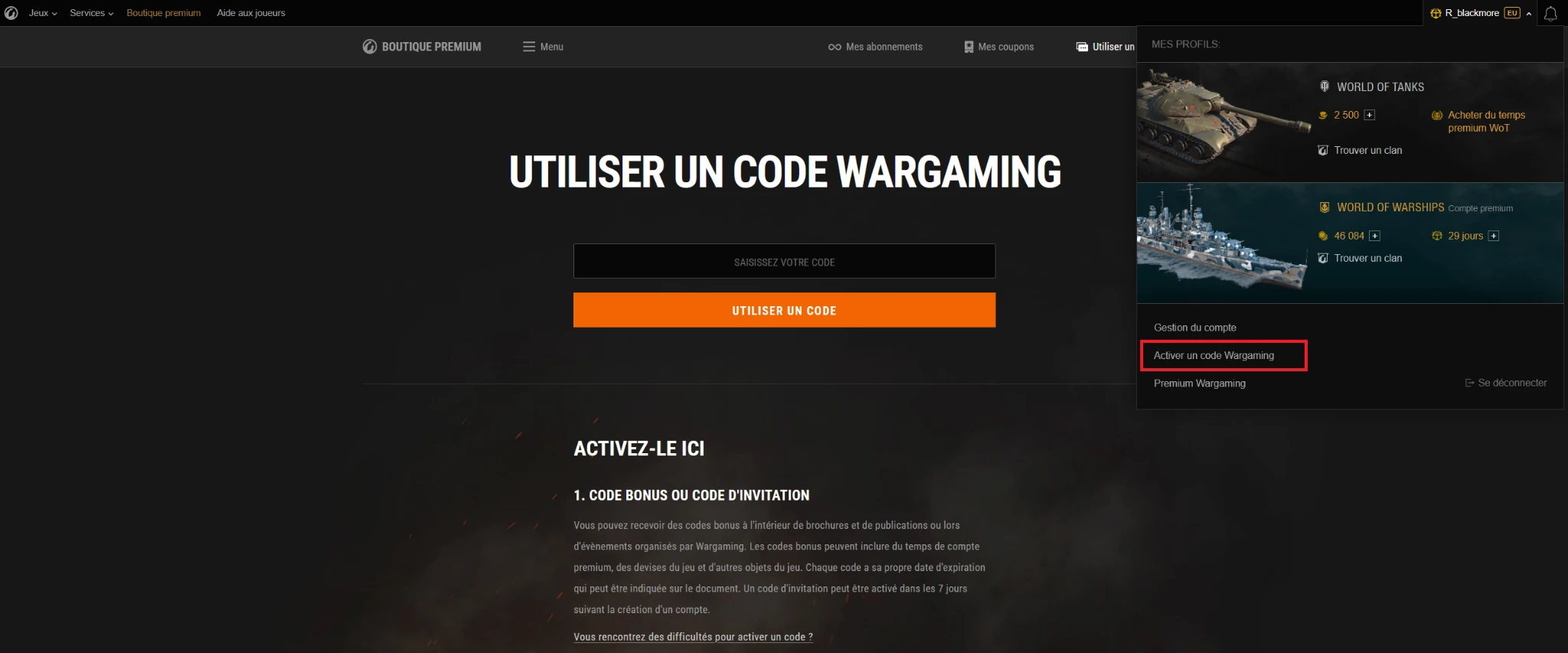 Page Wargaming pour activer un code bonus World of Warships en français