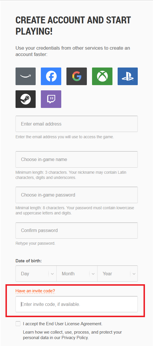 Invite code field during World of Warships account registration in English