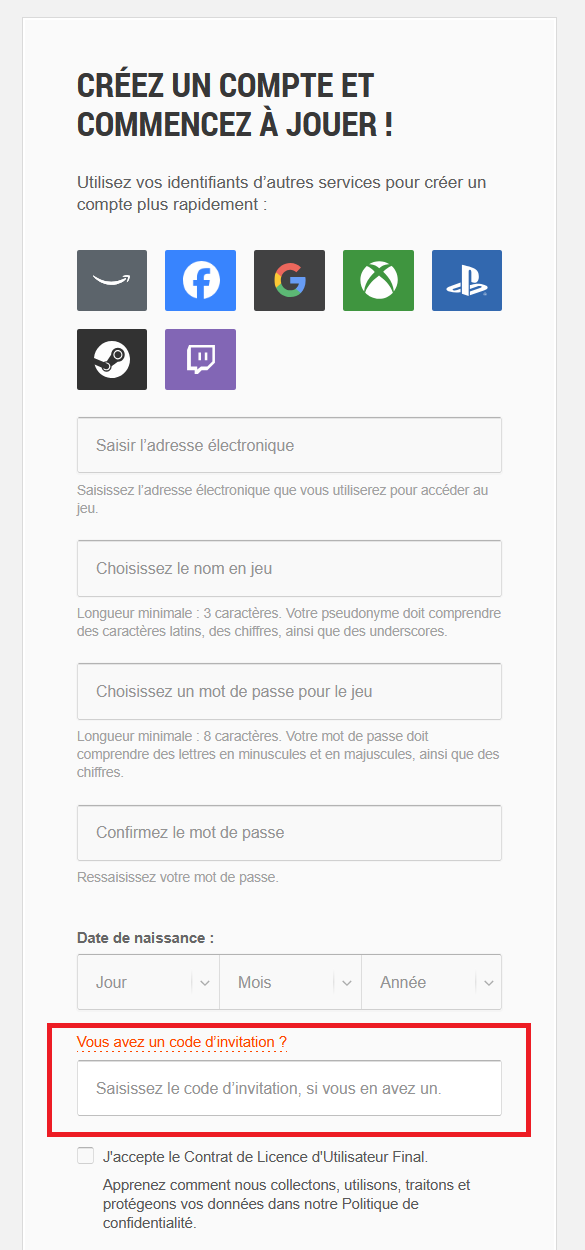 Champ pour saisir un code d’invitation pendant la création d’un compte World of Warships en français