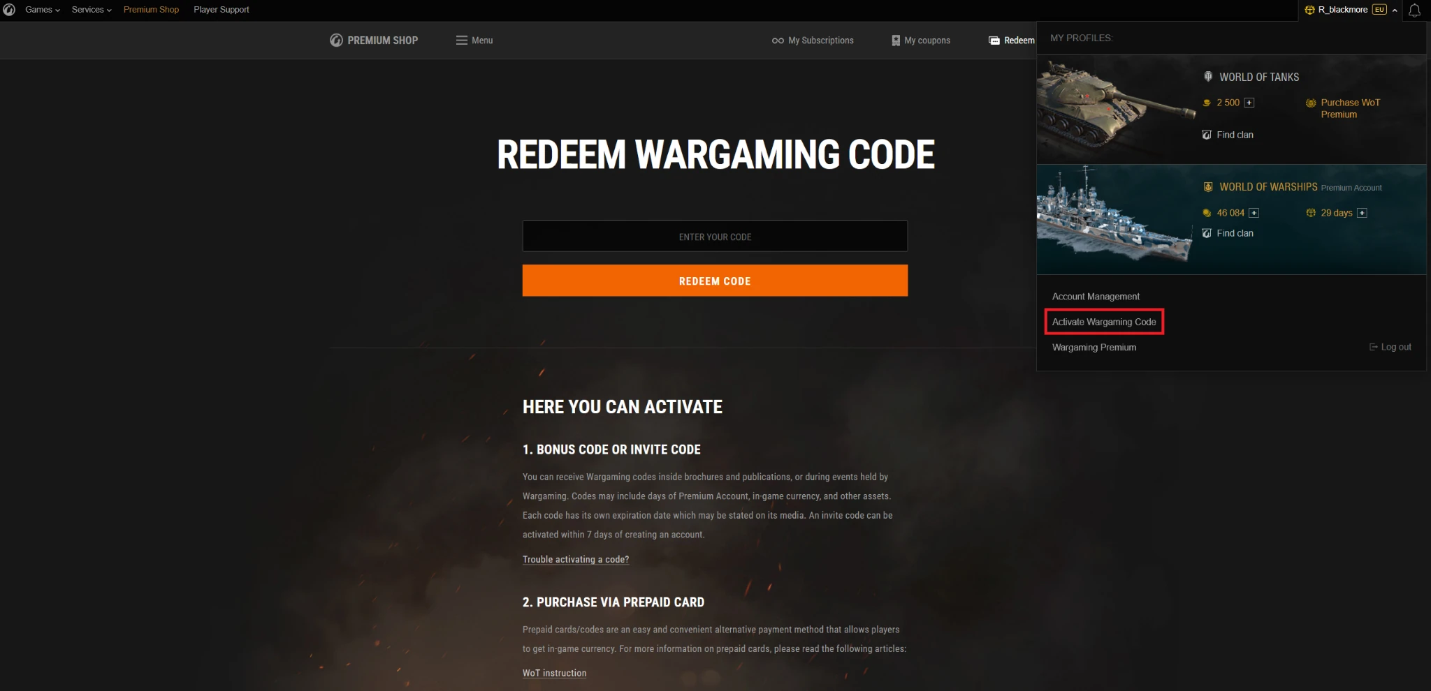 Wargaming page used to redeem a World of Warships bonus code in English